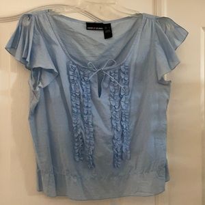 DKNY Jeans Boho 100% Cotton Light Blue Blouse with Ruffle Slit Short Sleeves